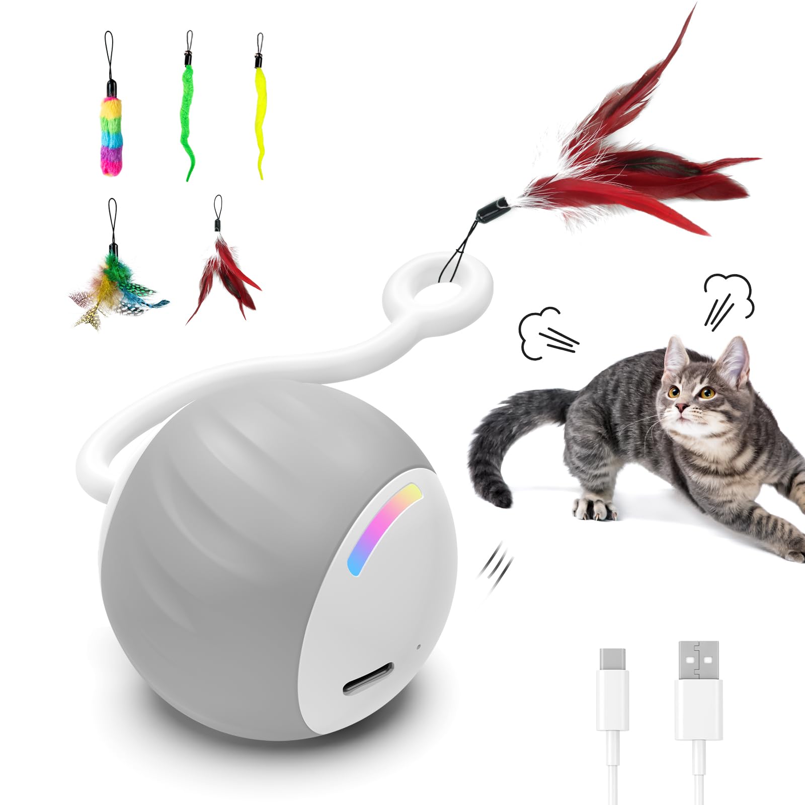 Cat Toys Interactive For Indoor Cats, Touch & Sound Smart Control - Fast Slow 2 Speed Motion Activated Cat Ball Toy For Bored Ca