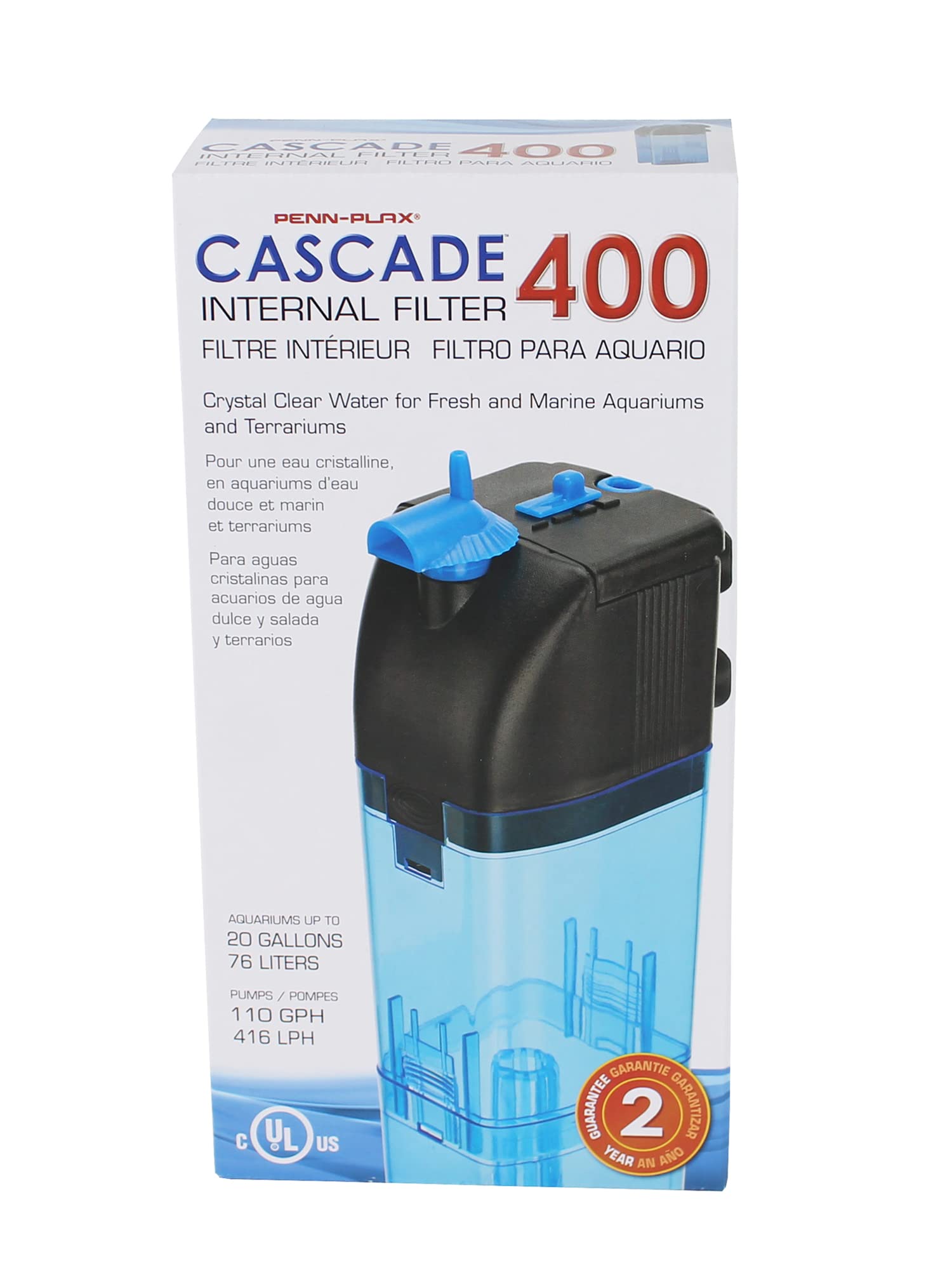 Penn Plax Cascade 400 Submersible Aquarium Filter Cleans Up To 20 Gallon Fish Tank With Physical, Chemical, And Biological Filtration, Cif2