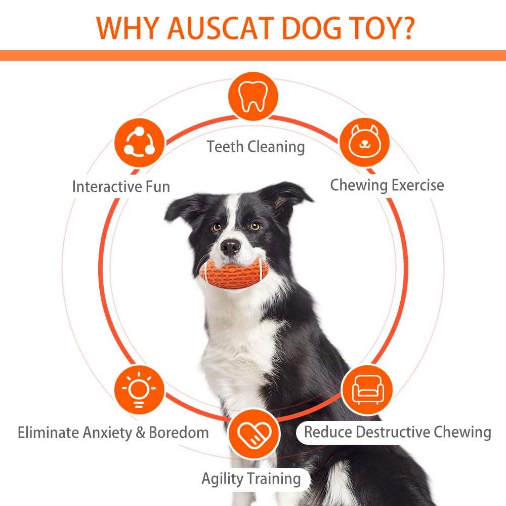 Auscat 2Pcs Squeaky Dog Football Toy For Aggressive Chewers, Tough Rubber Dog Ball For Small Medium Dogs, Green And Orange, Smal