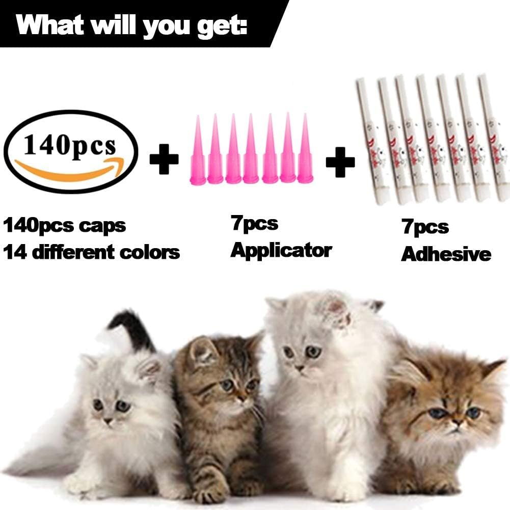 Joyjuly 140Pcs Cat Nail Caps Kitten Caps 4 Glitter Colors + 10 Colorful Cat Nails Caps Covers + 7 Adhesive Glue + 7 Applicator With Instruction