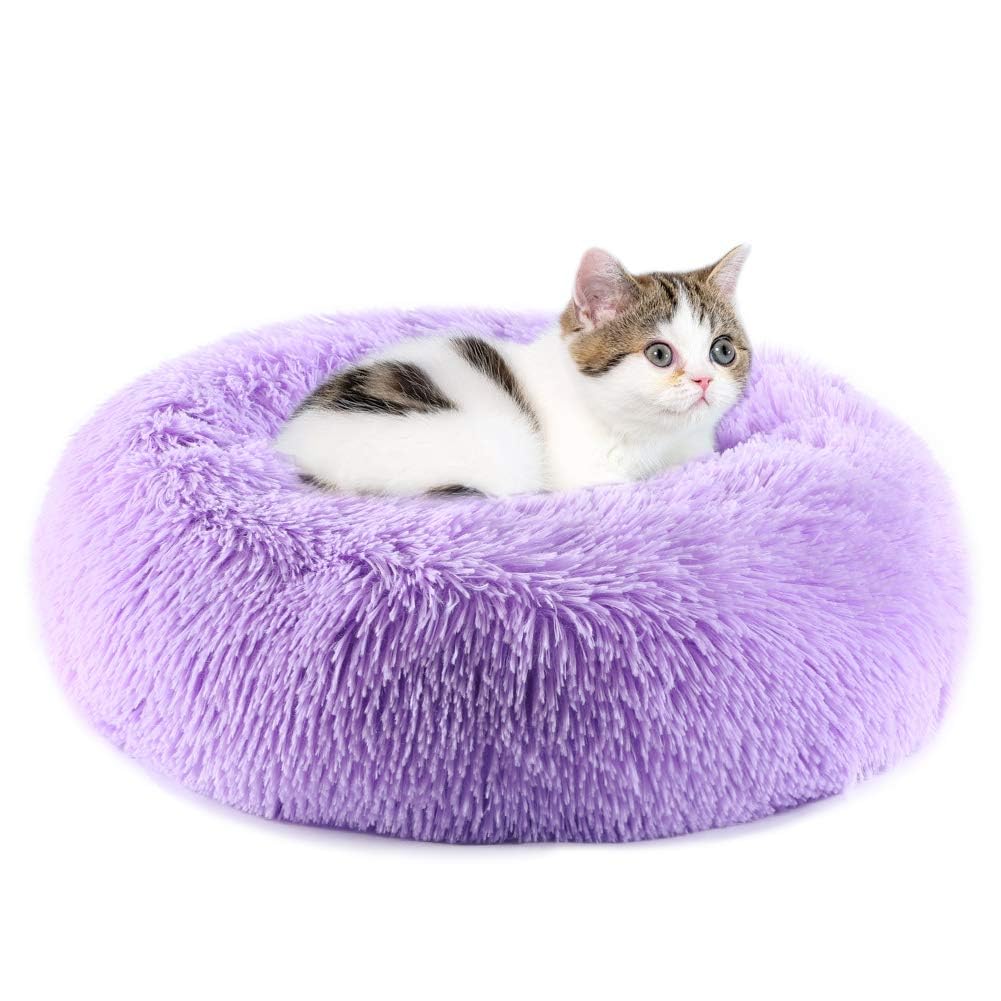 Cat Beds For Indoor Cats - Cat Bed Washable 20/24 Inches, Dog Beds For Small Medium Dogs, Anti Anxiety Round Fluffy Plush Faux Fur Cat Bed, Thick Bottom (Purple, Medium)