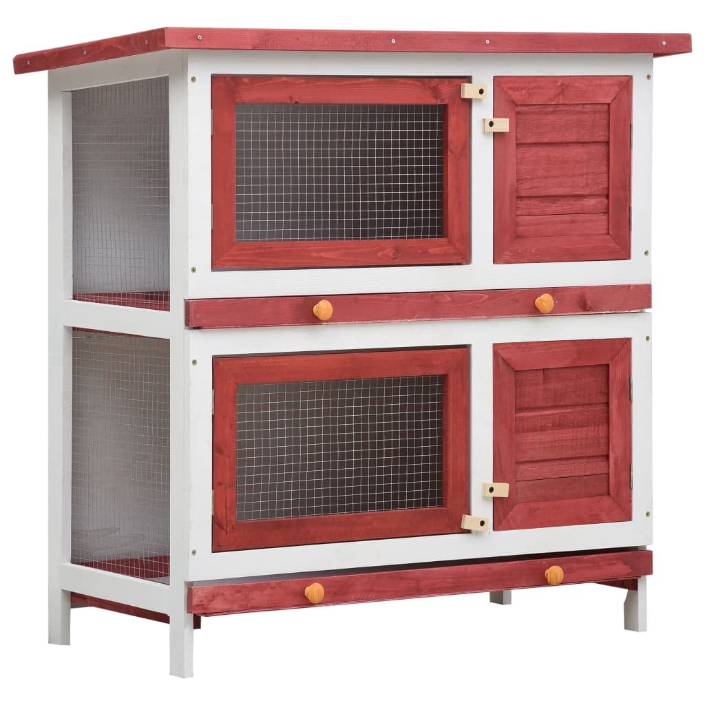vidaXL Outdoor Red Wooden Rabbit Hutch with 4 Doors, Iron Wire Mesh and Two Layers- Durable, Spacious, and Weather-Resistant Pe