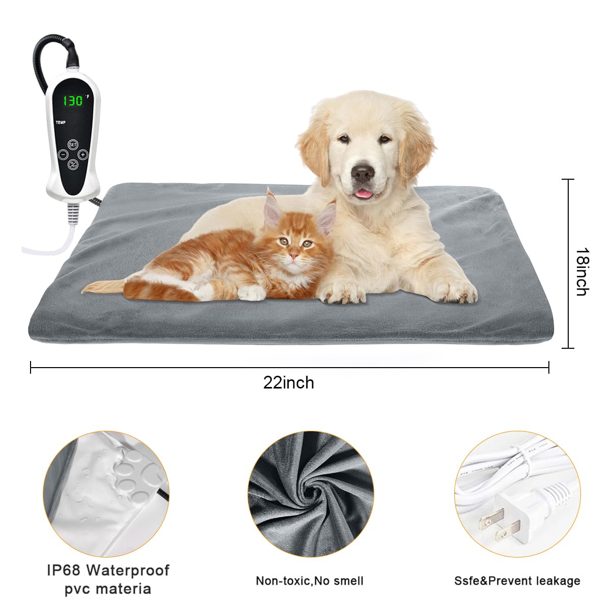 Riogoo Pet Heating Pad, Upgraded Electric Dog Cat Heating Pad Indoor Waterproof, Auto Power Off (Large: 22''X 18'', Grey)