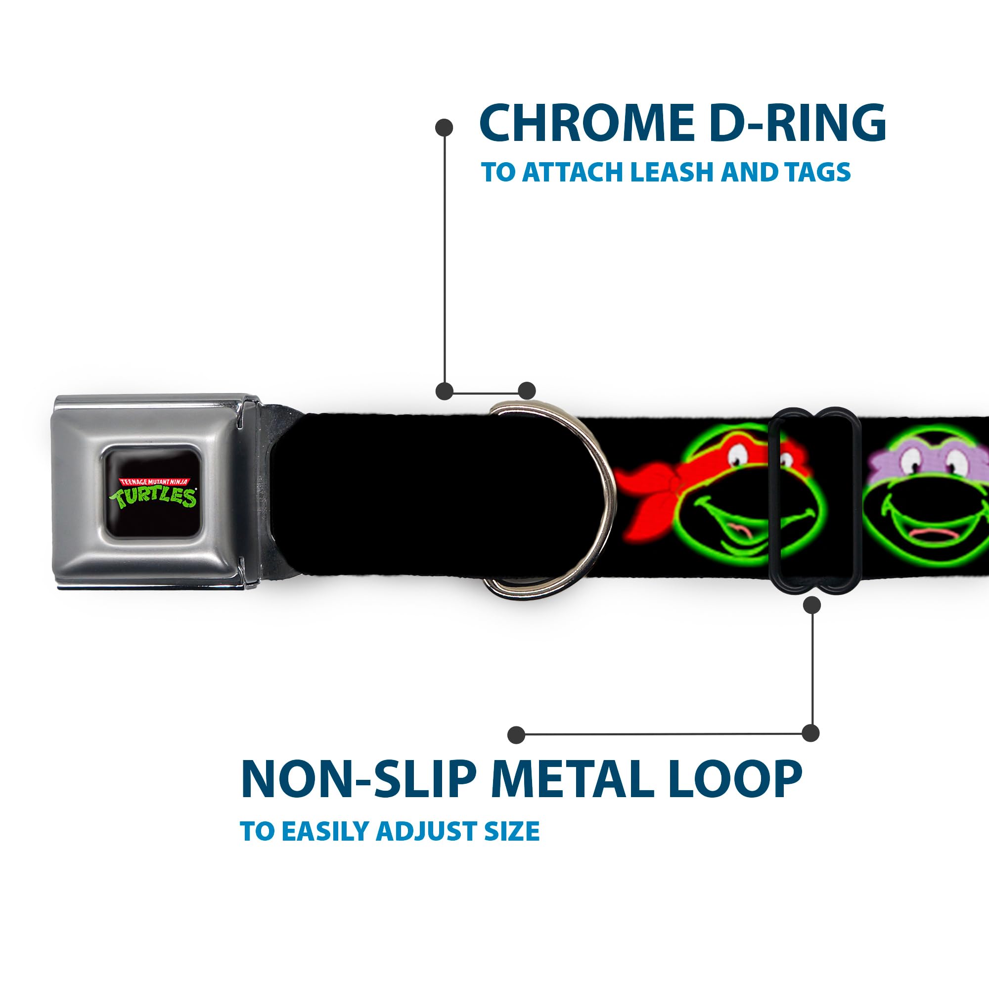 Buckle-Down Seatbelt Buckle Dog Collar - Classic Tmnt Electric Expressions Black/Multi Neon - 1.5'' Wide - Fits 13-18'' Neck - S