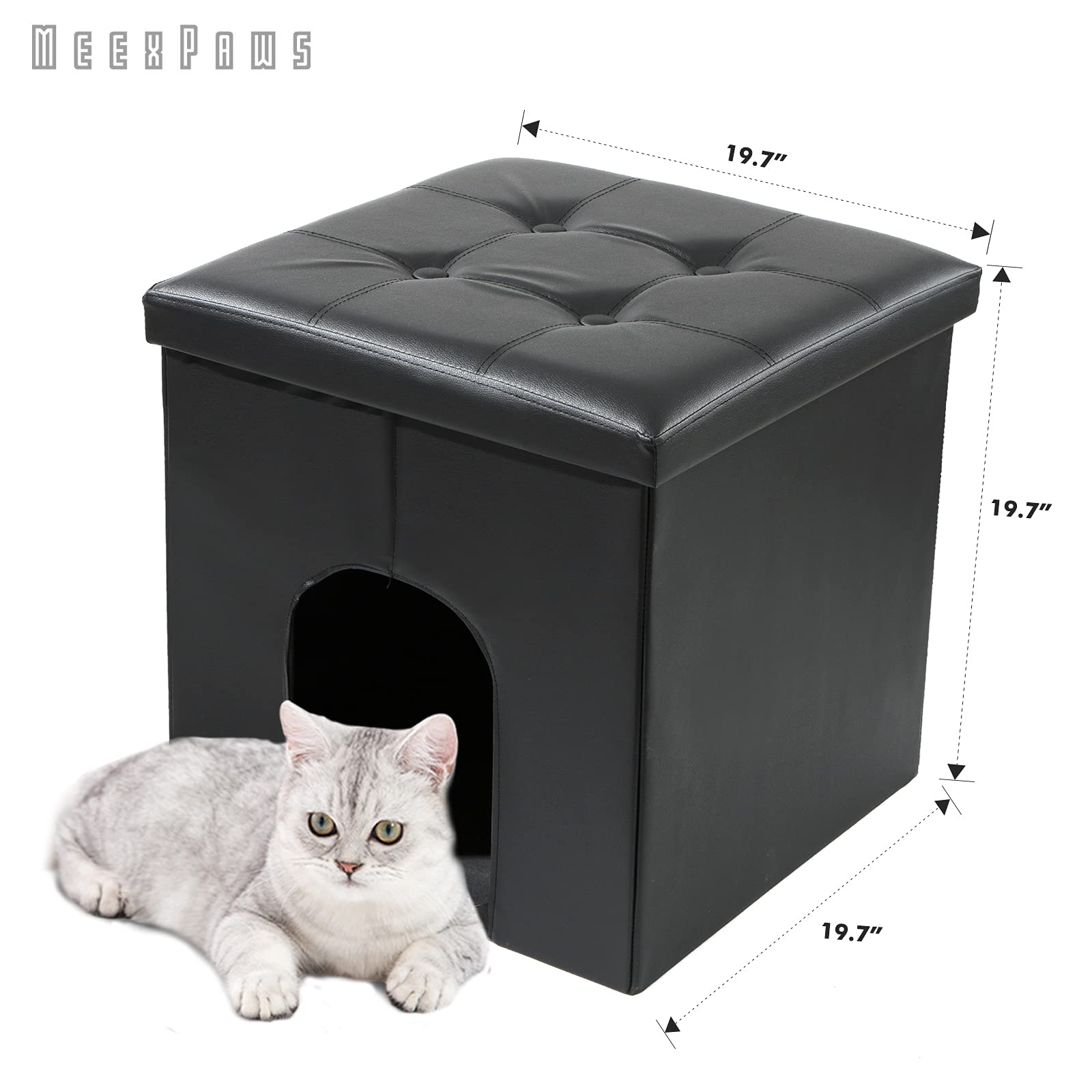 Meexpaws Cat Litter Box Enclosure Furniture Hidden, Small Cat Washroom Bench Storage Cabinet 20'' X 20'' X 20''| Dog Proof | Waterproof Inside | Easy Clean | Easy Assembly | Odor Control(Black)