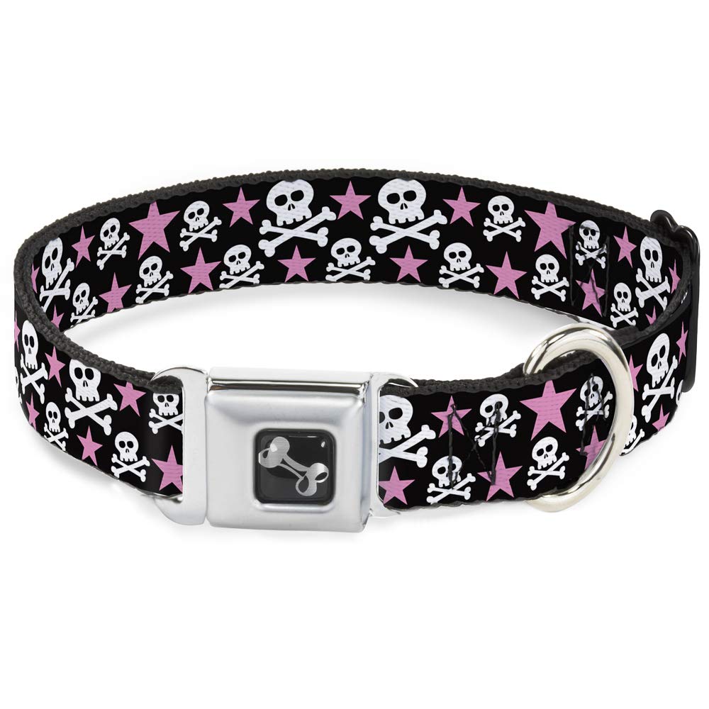 Buckle-Down Seatbelt Buckle Dog Collar - Skulls & Stars Black/White/Pink - 1.5' Wide - Fits 16-23' Neck - Medium