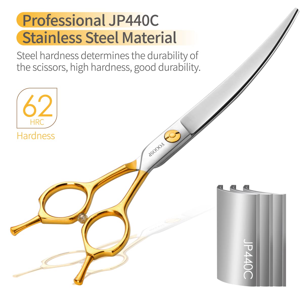 Fogosp Curved Dog Grooming Scissors Professional 7'' Grooming Shears For Dogs Pet Right Handed Groomer Japan 440C Stainless Stee