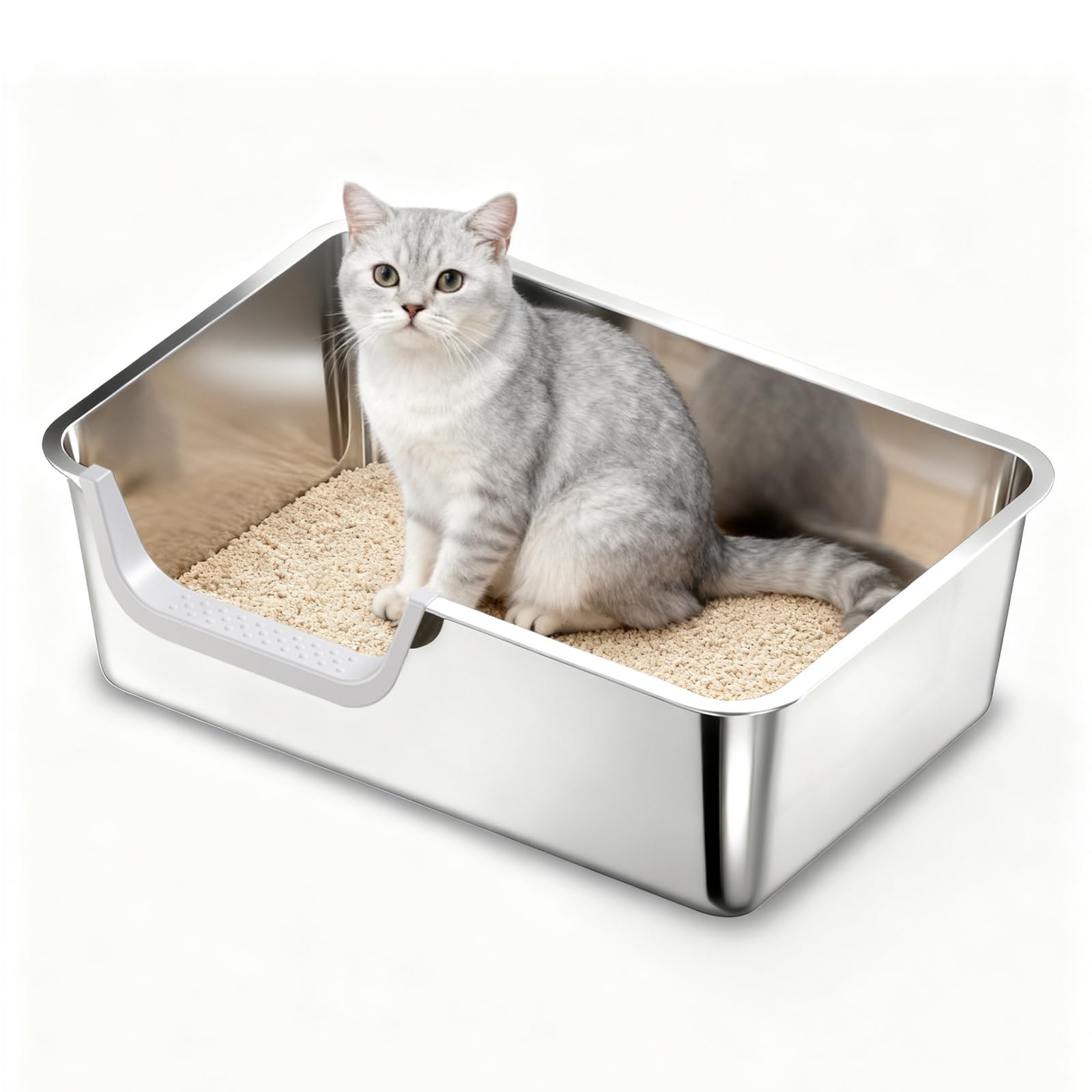 TownTime Stainless Steel Litter Box with High Sides,Metal Litter Box with Low Entry for Kittens & Senior Cats,Large Cat Litter B