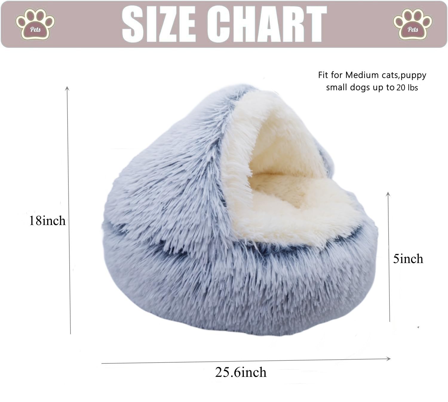 Zanesun Calming Round Dog Beds &Cat Cave Bed With Hooded Cover,Plush Fluffy Dog Bed Anti-Anxiety Cat Cave Bed,Waterproof Bottom