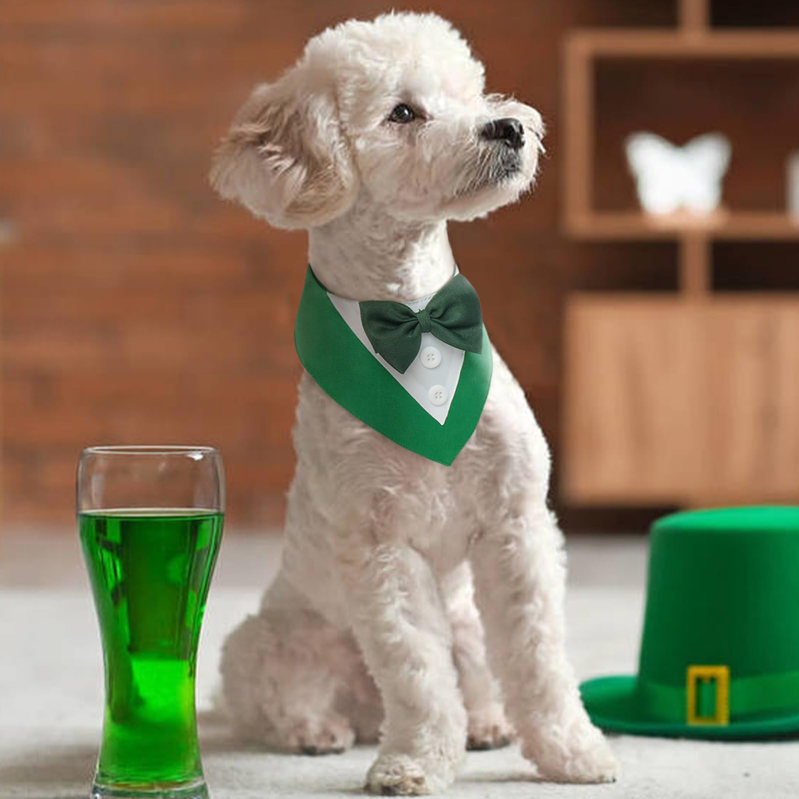 FUAMEY St.Patrick's Day Dog Tuxedo,Pet Green Collar Puppy Costume Adjustable Dog Bandana Cosplay Party Doggie Bibs,Irish Lucky D
