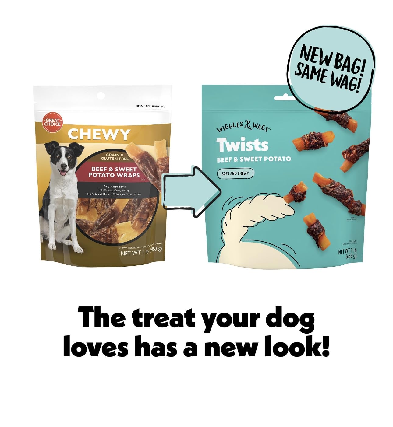 Wiggles & Wags Twists Dog Treats, Beef & Sweet Potato, Soft and Chewy, Grain Free, All Natural, 16 oz with DN Essentials Waste B