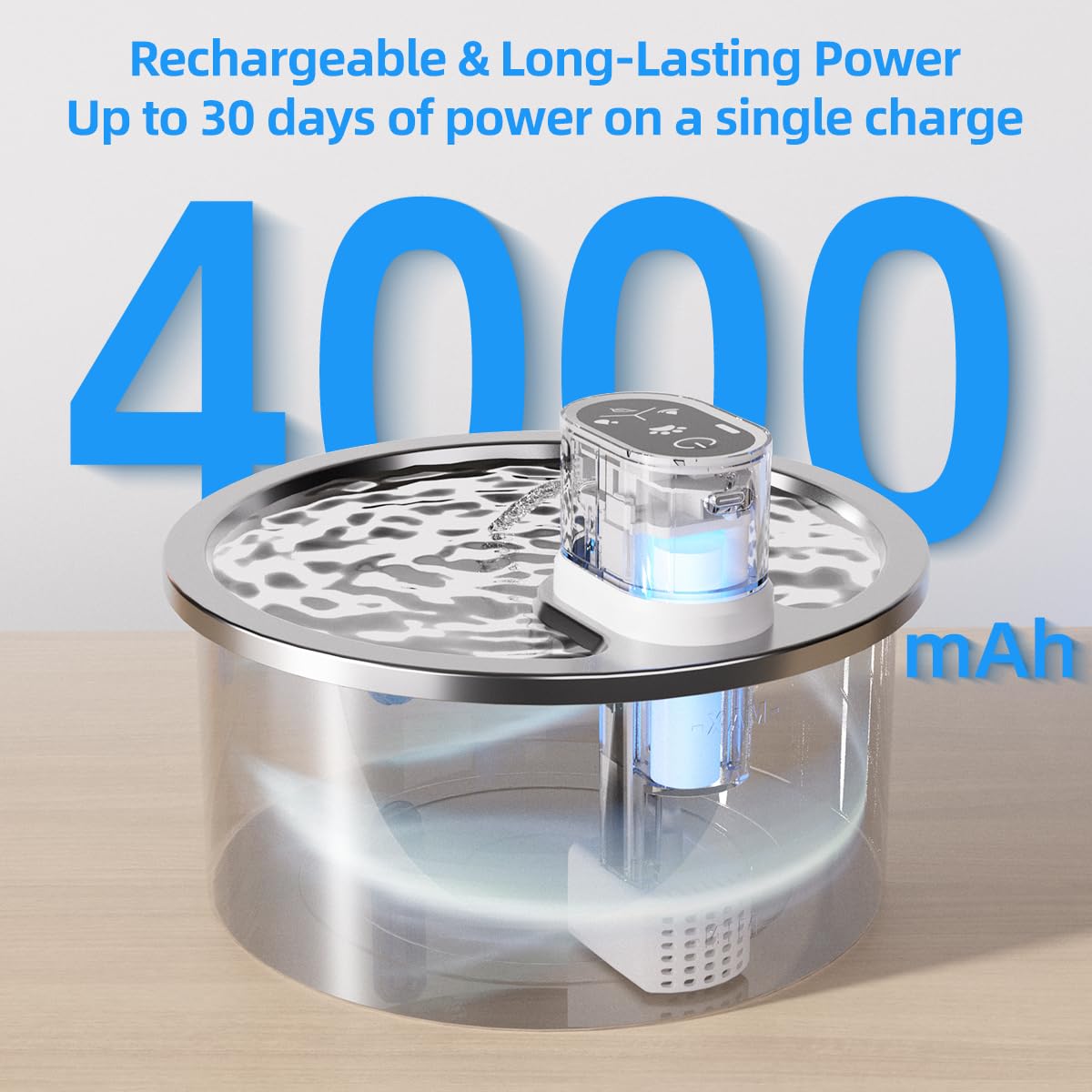 Stainless Steel Wireless Cat Water Fountain 3.2L/108Oz Automatic Cat Water Dispenser 4000Mah Battery Operated Large Capacity Pet