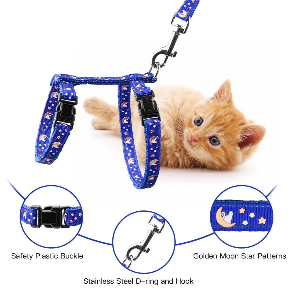Cat Harness And Leash Set Gold Moons Soft Nylon Escape Proof Adjustable For Kittens Small Animals Glow In The Dark(Blue)