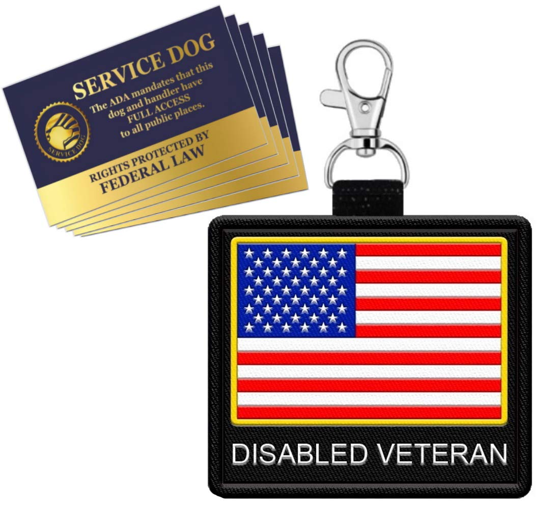Disabled Veteran - Clip On Identification Patch Tag - Includes Five Law Handout Cards - Clips Onto A Service Dog Vest, Harness, 