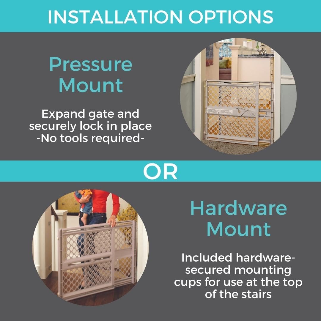 Toddleroo By North States Supergate Ergo Child Gate, Baby Gate For Stairs And Doorways. Includes Wall Cups. Pressure Or Hardware Mount. Made In Usa. (26' Tall, Sand)