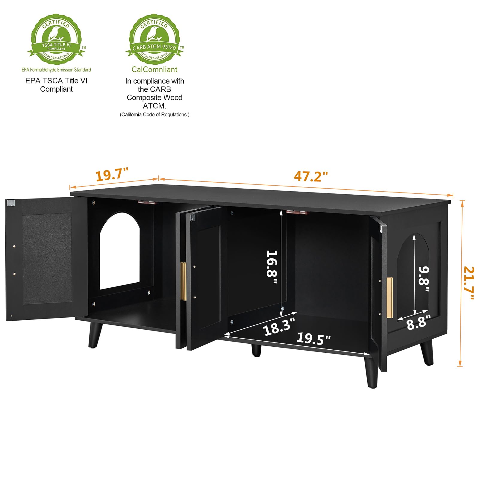 Homhedy Boho Cat Litter Box Enclosure For 2 Cats, Wooden Cat Washroom Furniture With Double Rattan Decorated Doors, Pet House,47