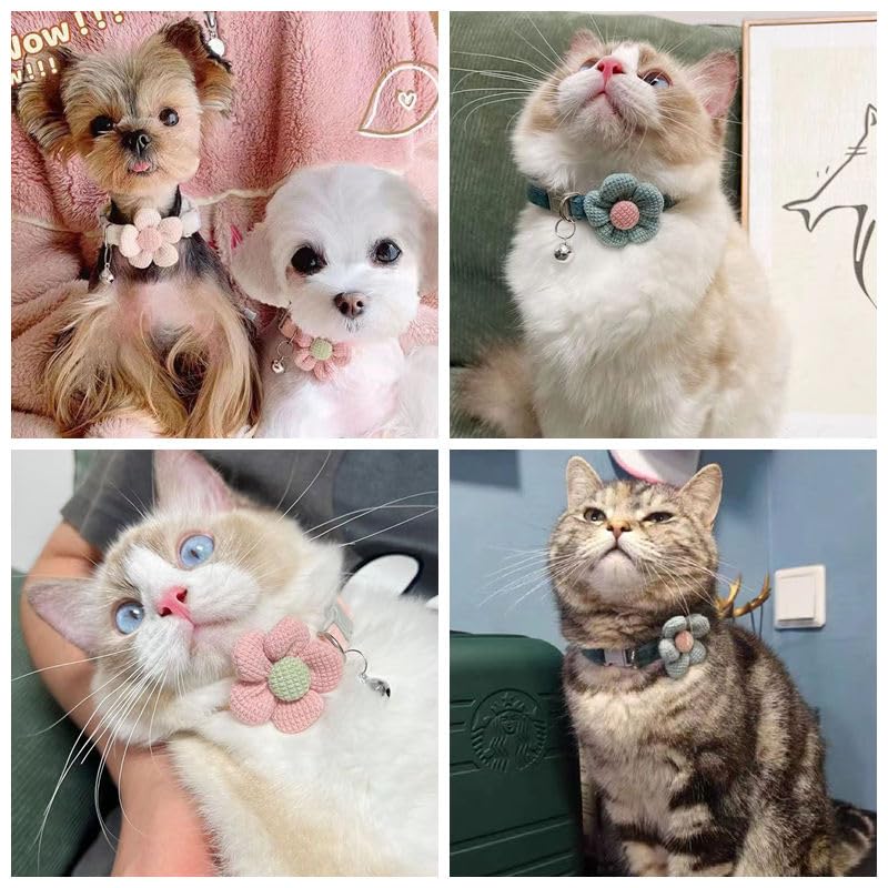 Dog Collar With Bell,Blue Flower Cat Collar With Bells Suede Girl Cute Fancy Puppy Collar With Bells For Xxs Xs Tiny Little Kitt