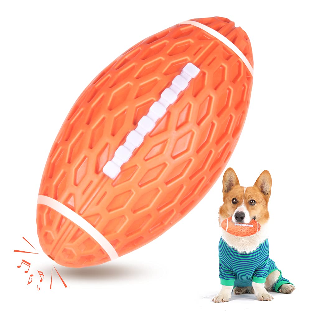 Auscat Squeaky Dog Football Toy For Aggressive Chewers, Tough Rubber Dog Ball For Medium Large Dogs, Orange, Large, 5.5