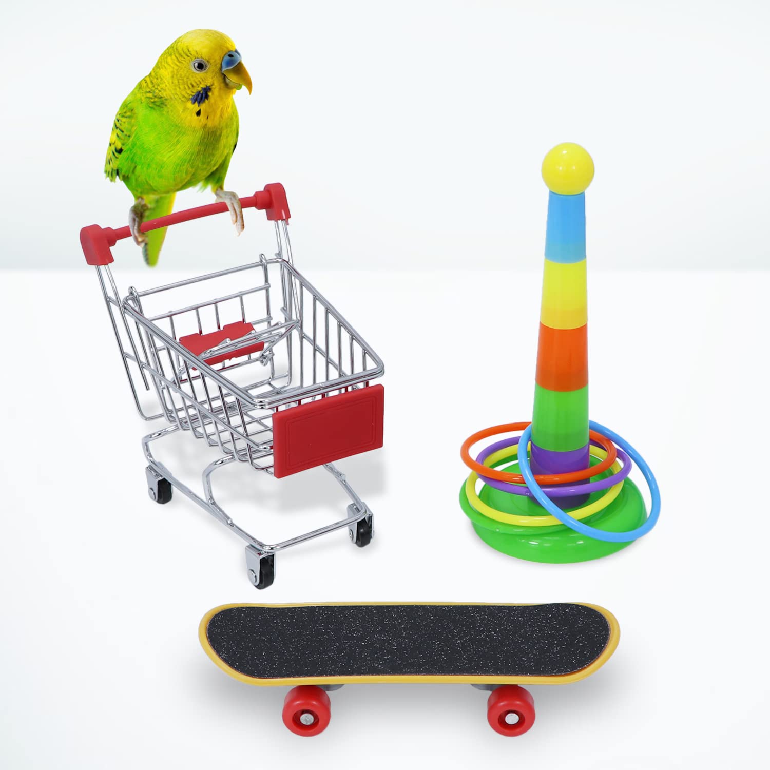 Wontee Bird Toys Mini Shopping Cart Skateboard Ring Toy for Playing and Training of Budgies Cockatiels Caique Quaker Parrot Conu