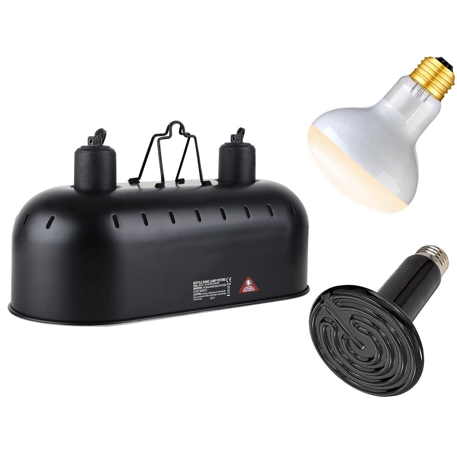 Dxophiex Dual Reptile Light Fixture,Reptile Heat Lamp Fixture With 150W Basking Bulb&Ceramic Heat Emitter,Double Dome Heat Lamp 