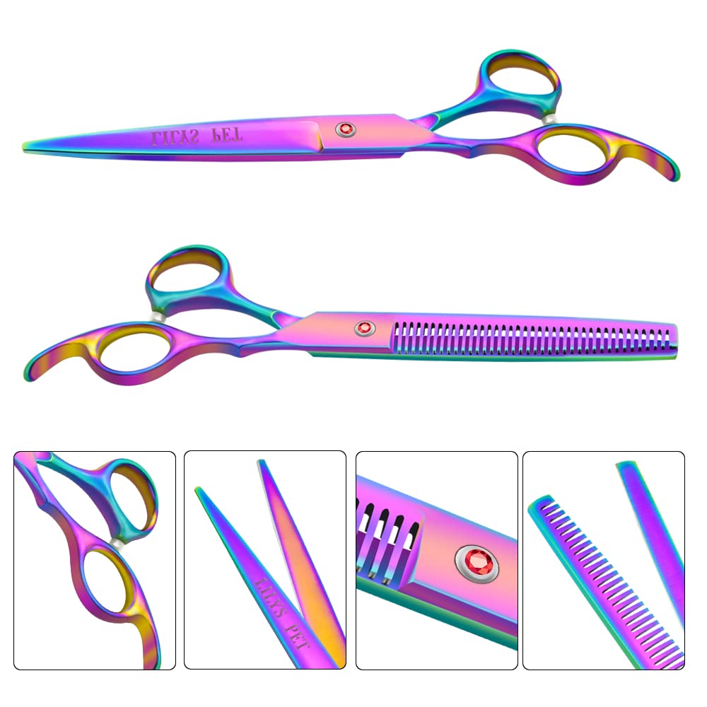 Lilys Pet Professional Pet Dog Grooming Coated Titanium Scissors Suit Cutting&Curved&Thinning Shears (7.0 Inches, Rainbow)