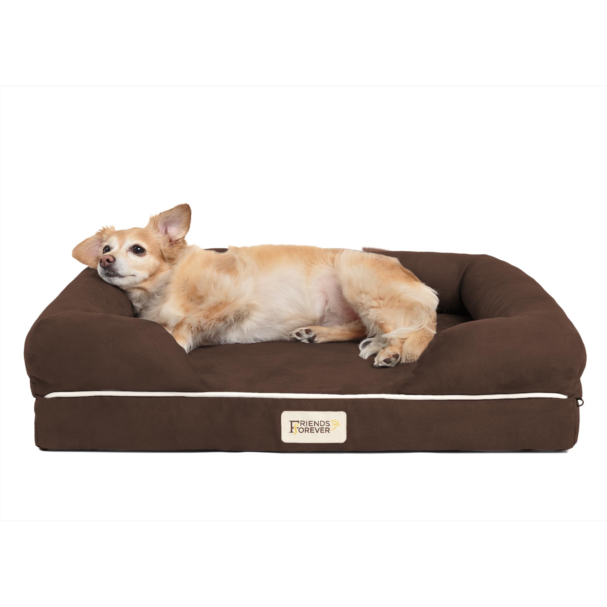 Friends Forever Small Dog Bed, Orthopedic Dog Sofa Memory Foam Mattress, Calming Dog Couch Bed, Wall Rim Pillow, Water Resistant