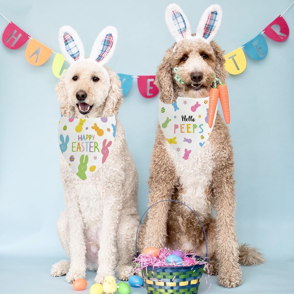 Easter Dog Bandanas 2 Pack, Adjustable Colorful Bunnies Eggs Triangle Easter Dog Outfits Reversible Dog Costume For Small Medium