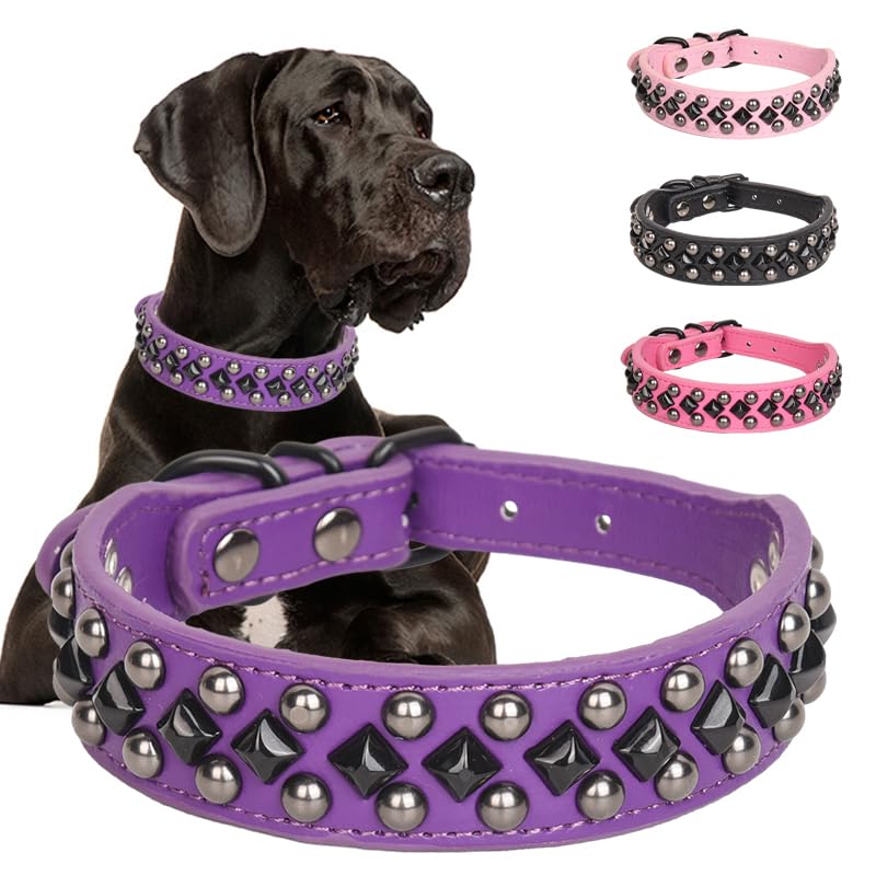 Spiked Studded Dog Collar Soft Pu Leather Spike Dog Collar Adjustable Pet Collars For Small Medium Large Dogs (Purple, S)