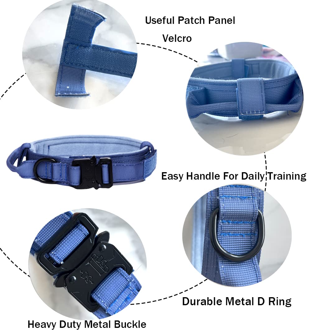 Tactical Dog Collar And Leash Set Tactical Dog Collar With Handle Bungee Leash Adjustable Military Training Nylon Collar Dog Training Collar Leash Set With Control Handleand Metal Buckle(Dark Blue S
