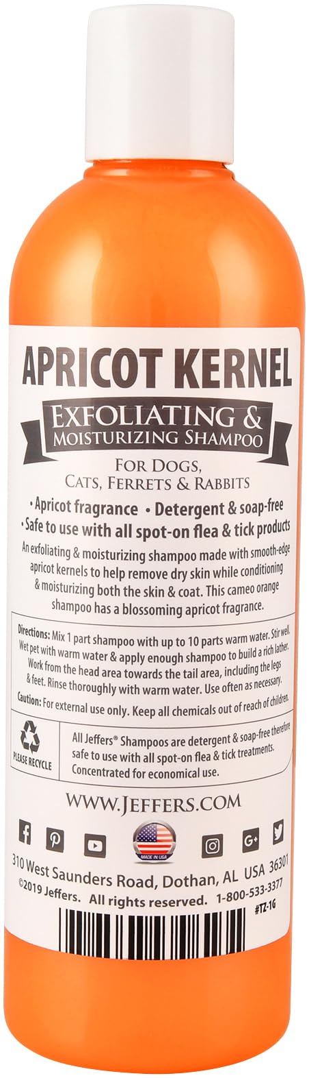 Jeffers Pet Apricot Kernel Shampoo - Detergent & Soap Free Exfoliating & Moisturizing Formula For Dogs, Cats, Puppies, Ferrets &