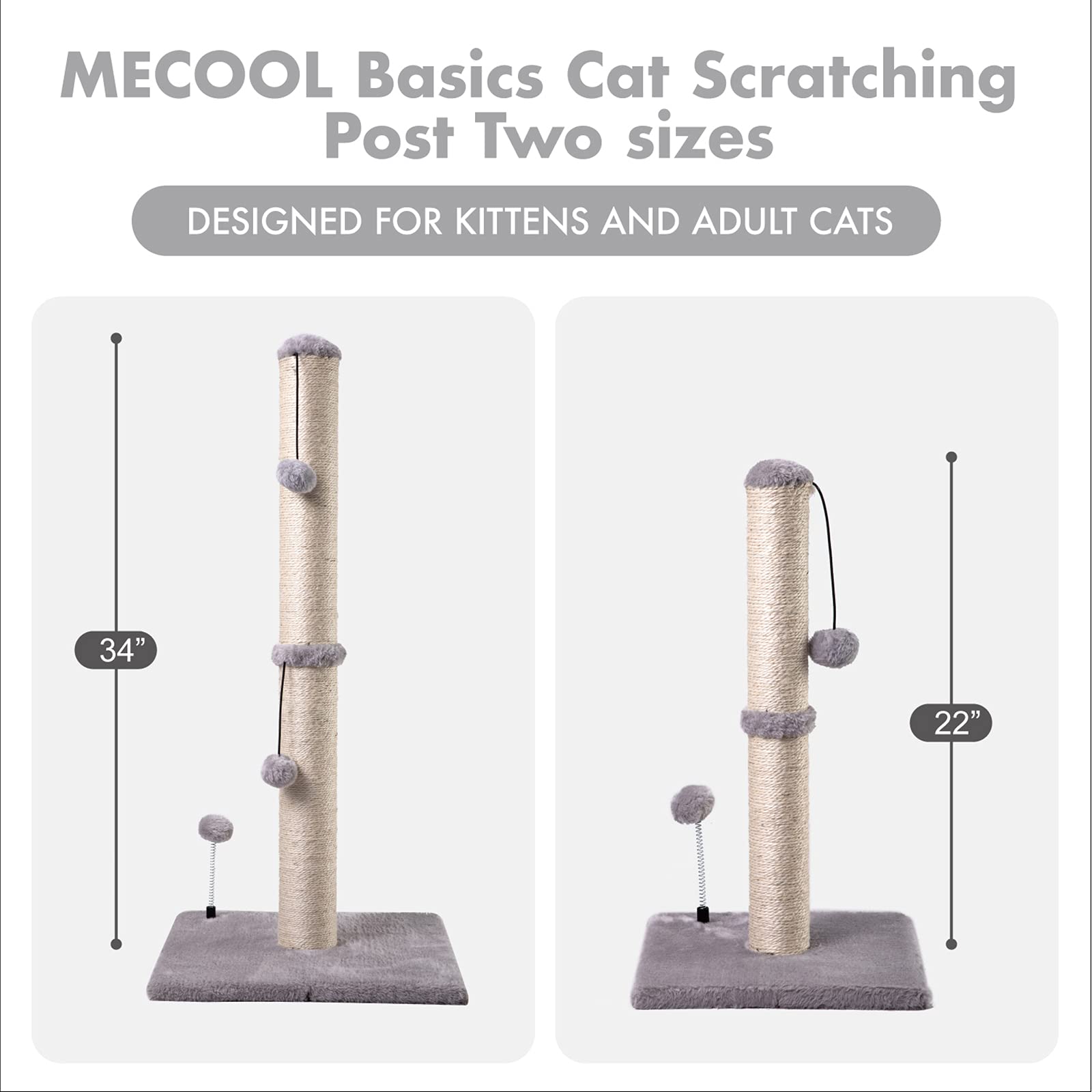 Mecool Cat Scratching Post Premium Basics Kitten Scratcher Sisal Scratch Posts With Hanging Ball 22' For Kittens Or Smaller Cats (22 Inches For Kitten, Gray)