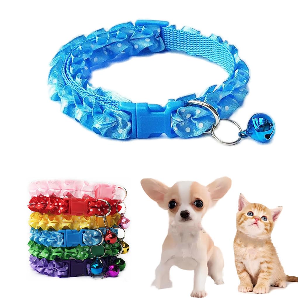 Light Blue Small Cat Collar With Bell, Puppy Bells Dog Collar Xs Girl Lace Adjustable For Xxs Xs Small Pet Dogs Cats Animal Litt