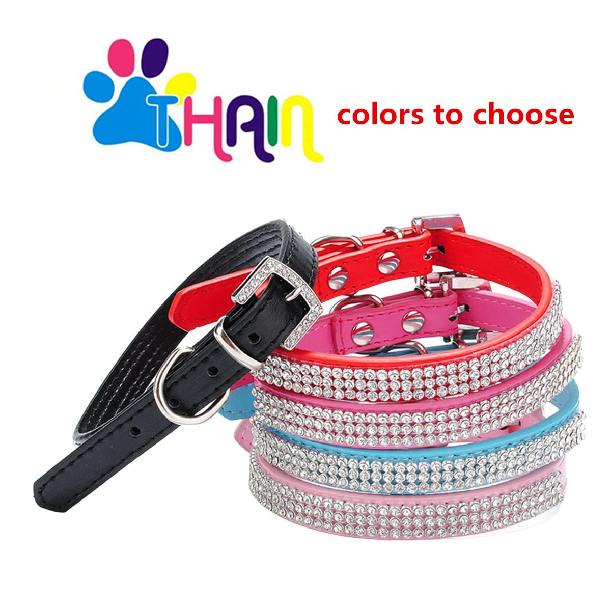 Thain Basic Adjustable Dog Cat Collar Bling Rhinestones Shing Diamonds Pu Leather With Rhinestones Buckle (Xs(Length 8-10),