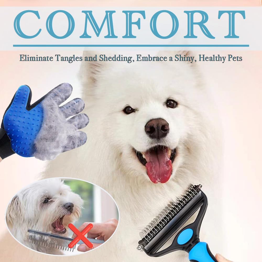 AKEISHE Dog Deshedding Brush 2-in-1 with Grooming Glove - Undercoat Rake & Shedding Tool for Long/Short Hair Dogs, Flea Comb & H