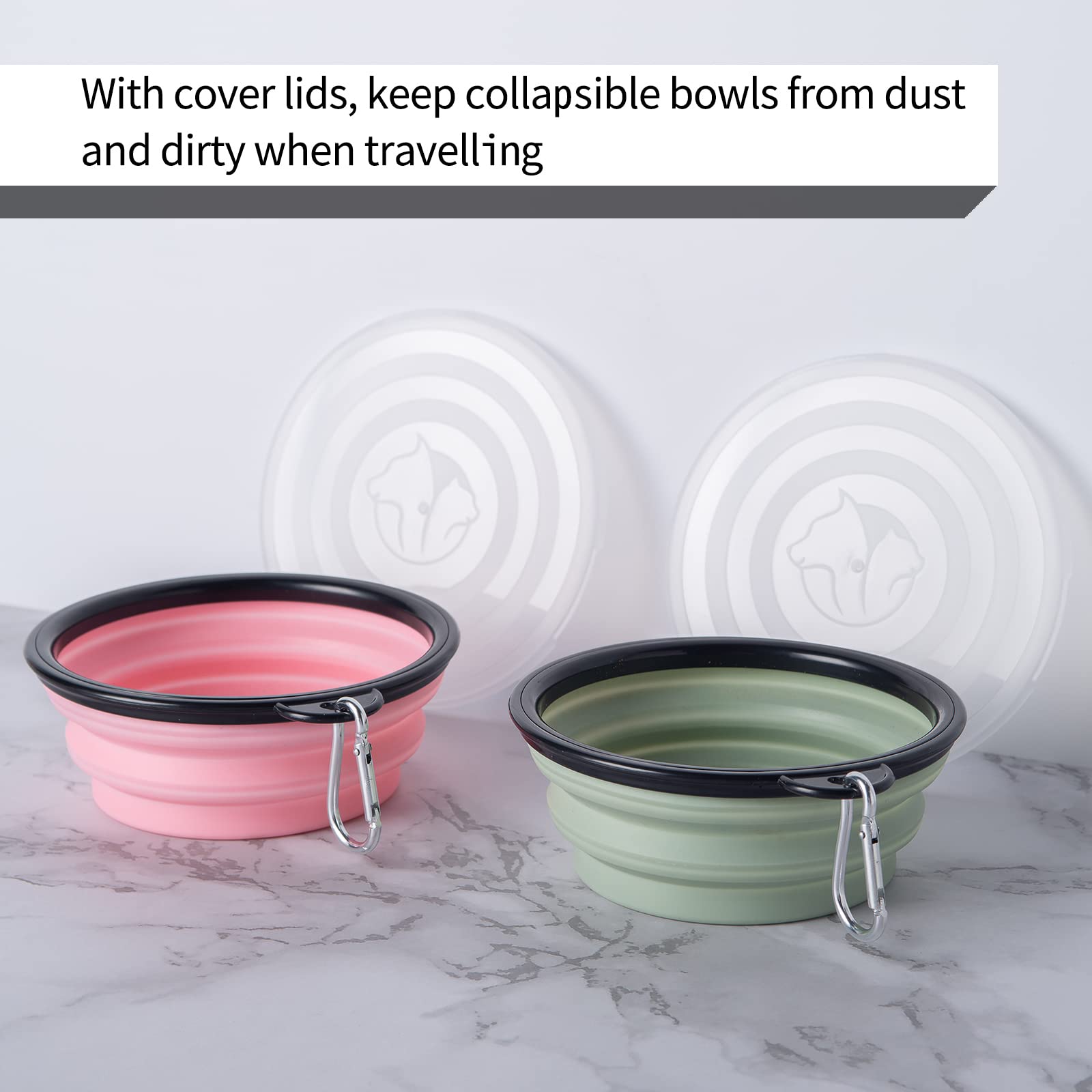 Slson Collapsible Pet Feeder, 2 Pack Dog Bowls With Cover Lids, Portable Foldable Cat Water Dish Bowl For Pets, Small, Fairy Pink And Sprout Green