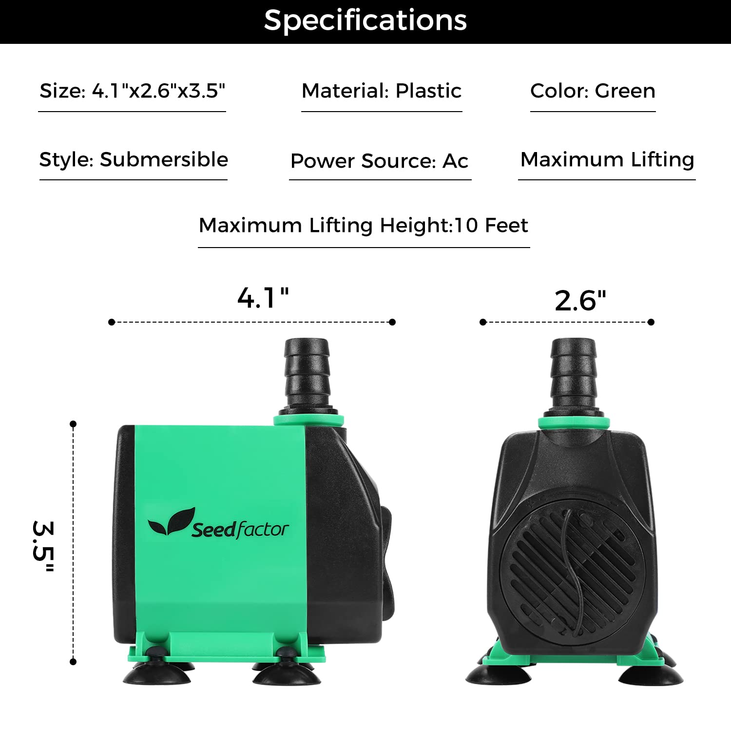 Seedfactor 800GPH Aquarium Pump (3000L/H, 24W), Ultra Quiet Water Pump with 10ft. High Lift, Fountain Pump with 6.5ft. Power Cor