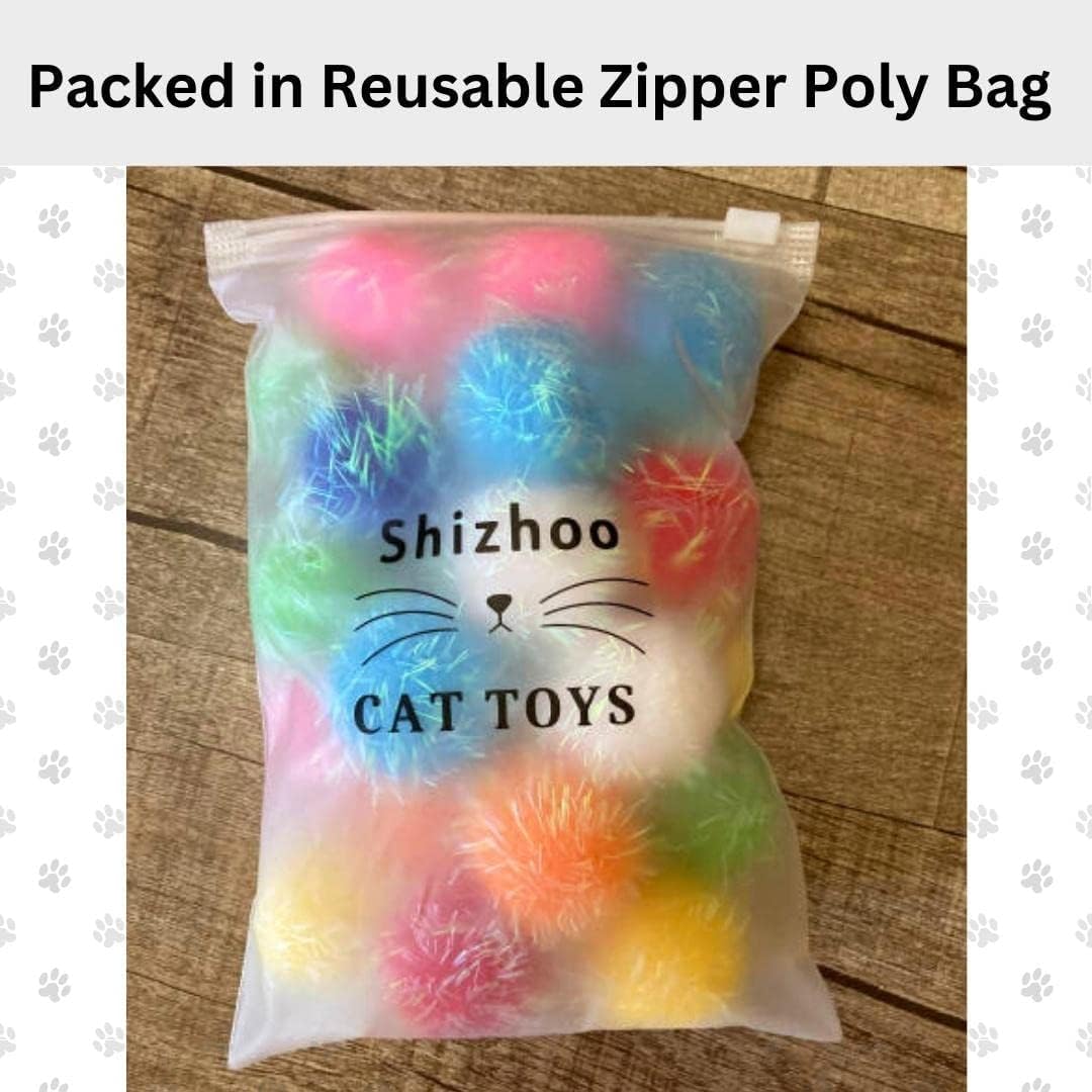 Shizhoo 20 Pieces Mix Sizes Sparkle Pom Pom Balls For Cat - Interactive Glitter Balls, Multicolor, Best As Kitten Play Toys.