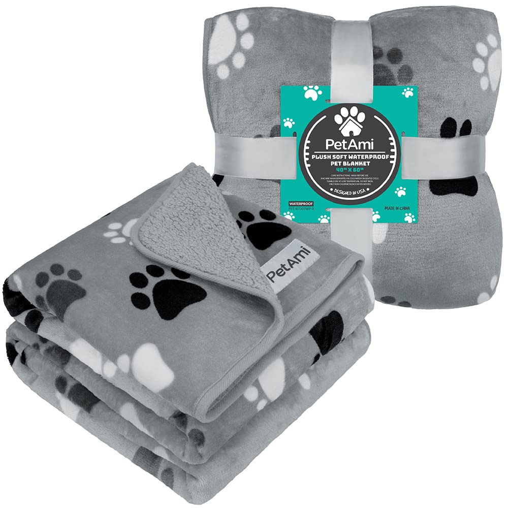 Petami Waterproof Dog Blanket For Medium Large Dogs, Pee Proof Pet Blanket Sherpa Fleece Couch Cover, Reversible Cat Throw Bed Sofa Protector, Soft Plush Washable Pad (Large 40X60, Paw Print Gray)