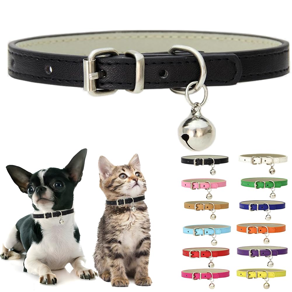 Black XXS Dog Collar with Bell, Soft Pu Leather Puppy Collars Adjustable Buckle for XS Extra Small Medium Tiny Male Boys Girls P