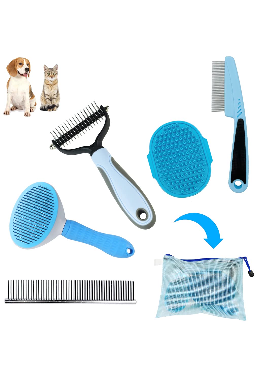 Master Queen Dog Grooming Kit - 5 Pieces: Slicker Brush, Shedding Brush, Puppy Brush, Flea Comb, And Detangler Hair Brush Set In Blue