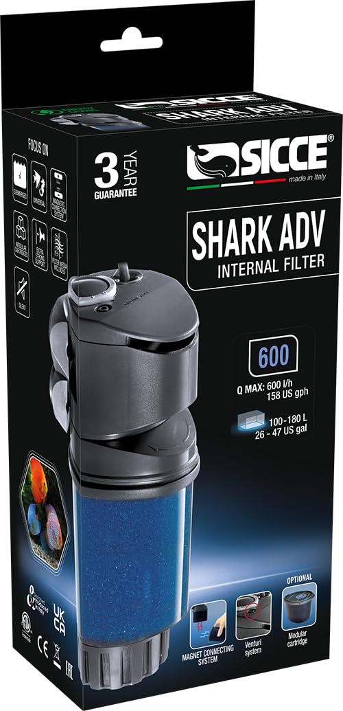 Sicce Shark Adv 600 Internal Aquarium Filter 158 Gph Submersible | In-Tank Freshwater Saltwater Marine Turtle Aquariums Filter M