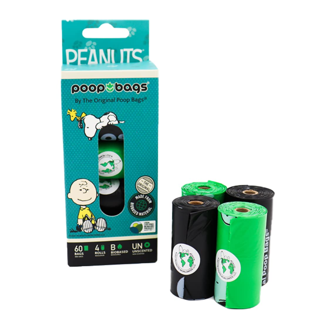 The Original Poop Bags Usda Biobased Pet Waste Bags - Peanuts Characters - Durable, Leak Resistant, 60 Count, Blk/Green