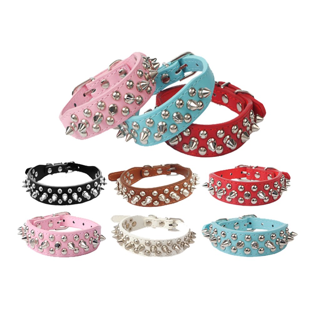 Dogs Kingdom 10 -24  Length Soft Leather Mushrooms Rivet and Spikes Studded Adjustable Buckle Pet Puppy Dog Collar for Small Med