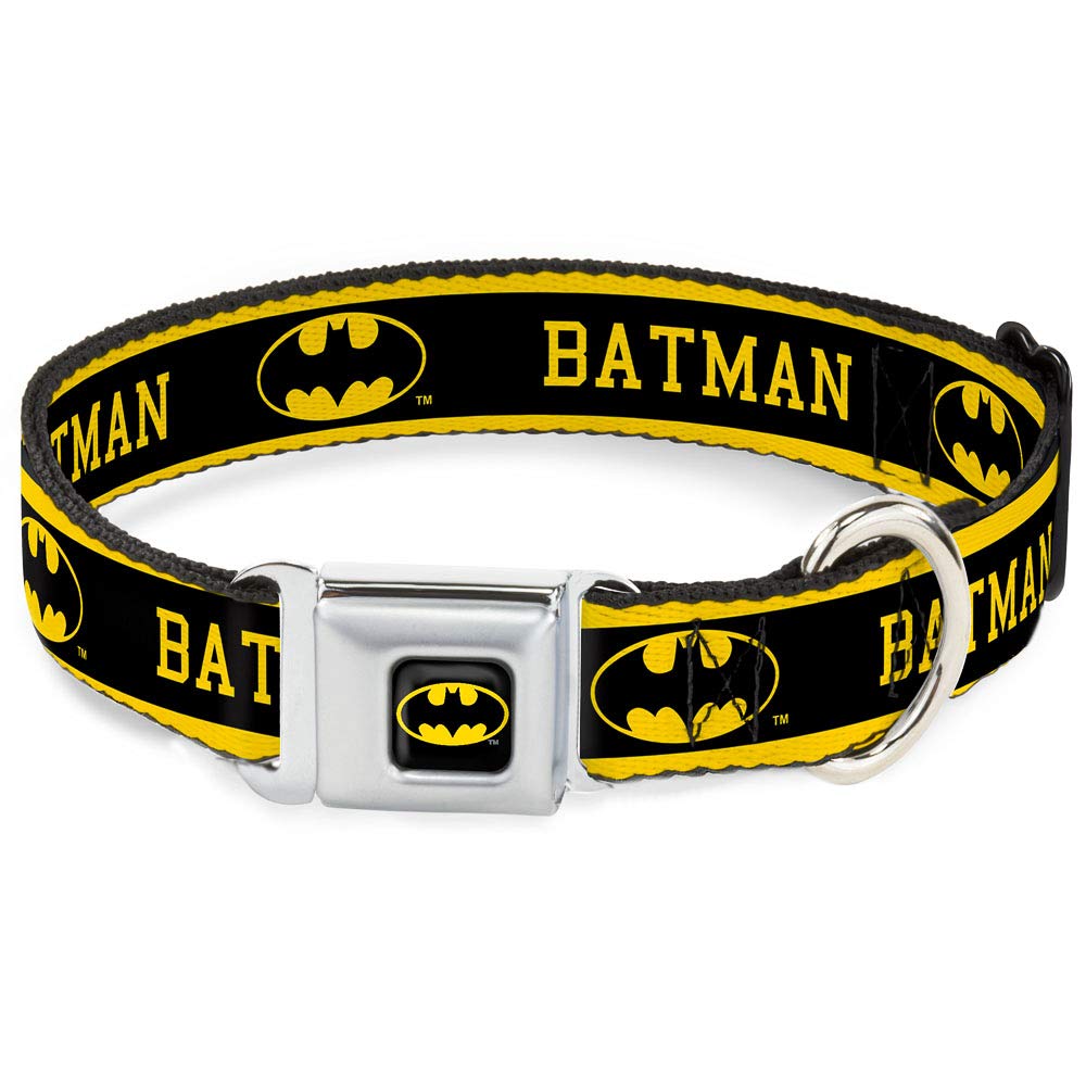 Buckle-Down Seatbelt Buckle Dog Collar - Batman/Logo Stripe Yellow/Black - 1'' Wide - Fits 9-15'' Neck - Small