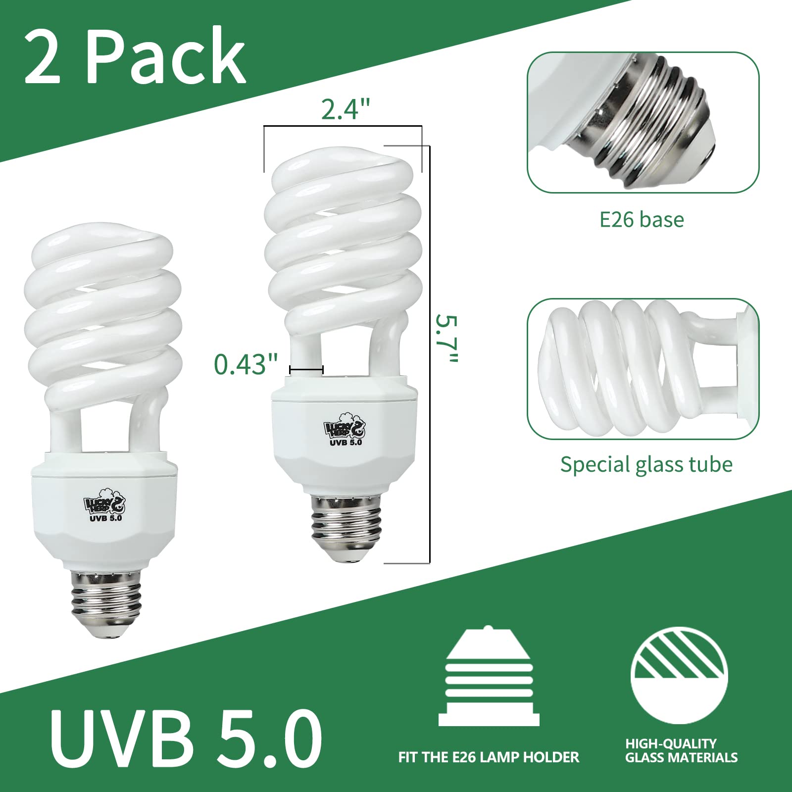 LUCKY HERP 23W UVB Reptile Light, 2 Pack, Compact Fluorescent Bulbs for Tropical Reptiles, White Glass, Ideal for Chameleons, Liz
