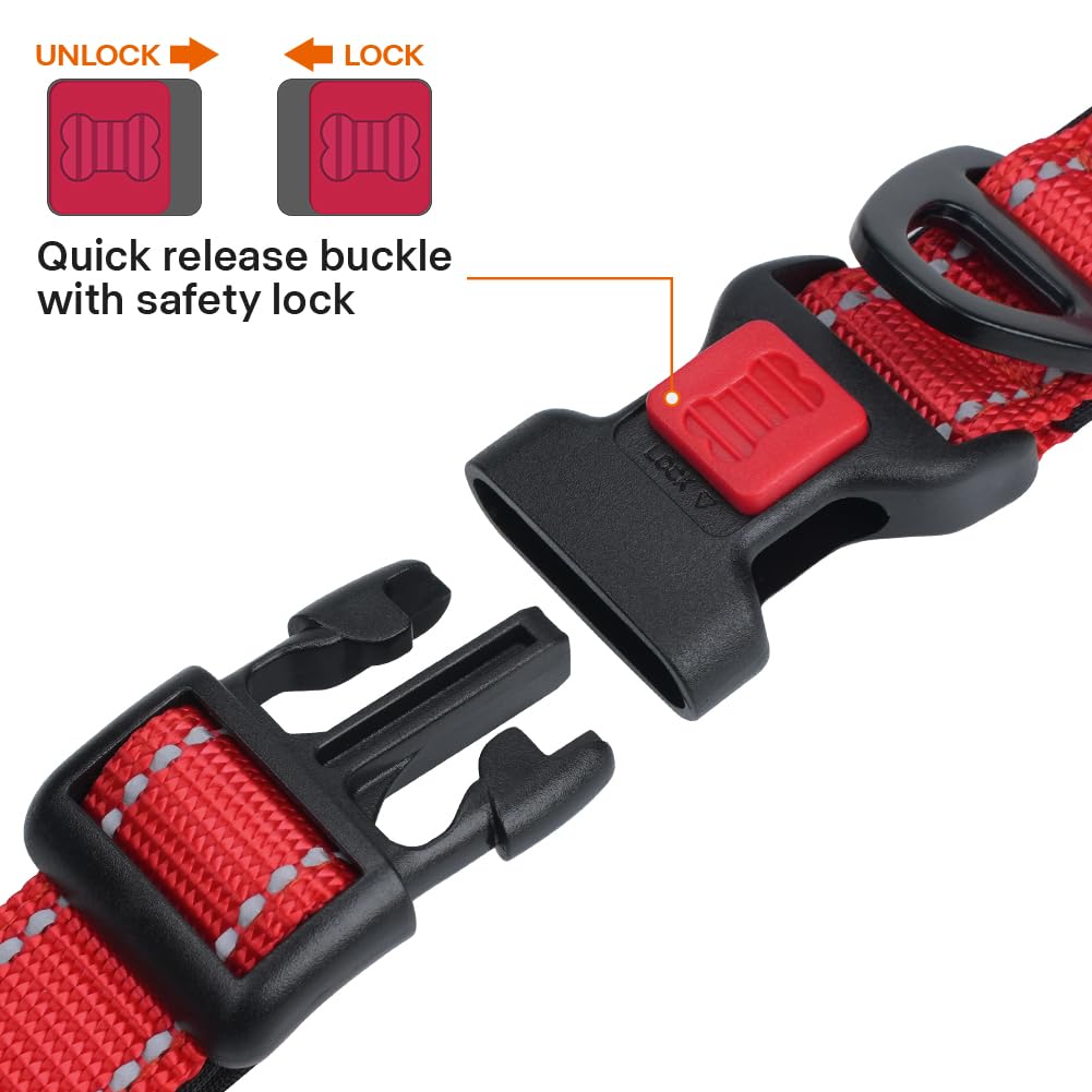 Taglory Reflective Dog Collar With Safety Locking Buckle, Adjustable Nylon Pet Collars For Extra Large Dogs Female Male, Red, Xl