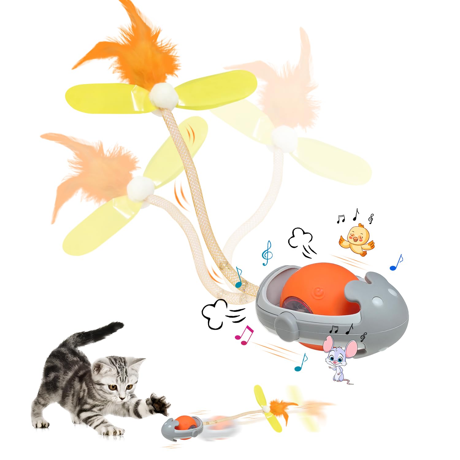 Tyasoleil Interactive Cats Toys Ball, Newly Imaginable Agile Mice Moving Ball, Mice&Bird Voice Attract, Elastic Mesh Tail, Autom