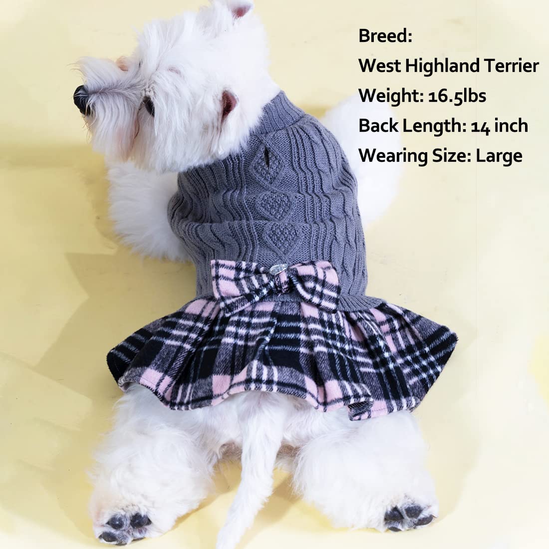 Kyeese Dog Sweater Dress With Leash Hole For Small Medium Dogs With Bowtie Checkered Turtleneck Dog Sweaters Warm Pet Sweater Grey