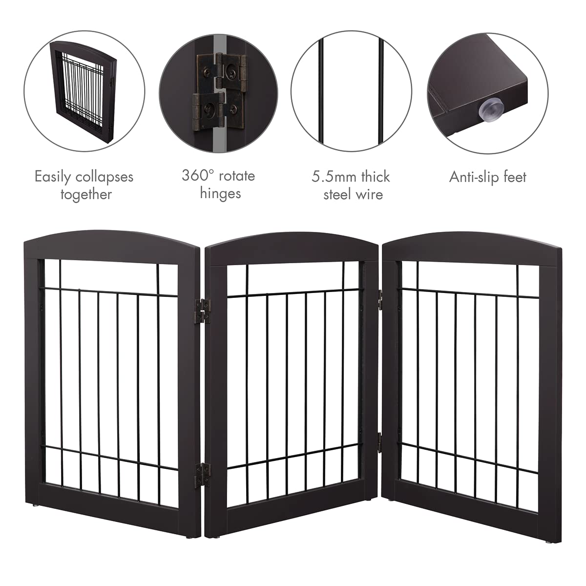 Pawland Wire Free Standing Pet Gate For Dogs, Foldable Dog Gate For The House Indoor, Step Over Pet Puppy Safety Fence, Doorway, Stairs, 80 Inch Wide, 24' Height 3 Panels, Espresso