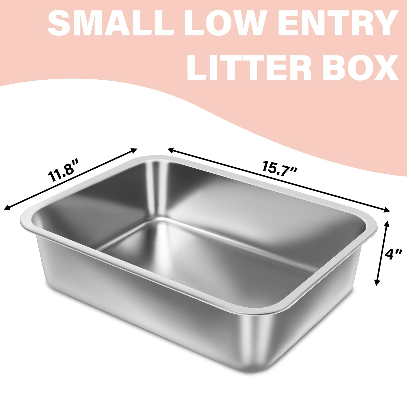 Holintan Stainless Steel Litter Box For Kitten 2 Pack,15.7''  11.8''  4'' Small Litter Box For Kittens Easy Entry, Non Odor, Eas